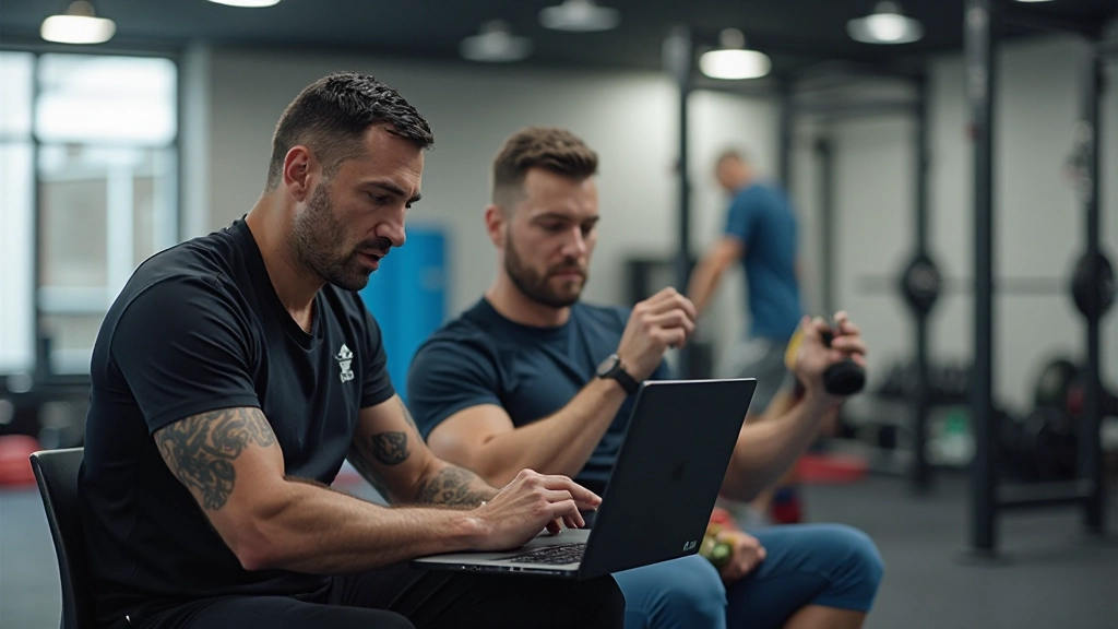 Coach reviewing performance data analytics on laptop with athlete during training consultation