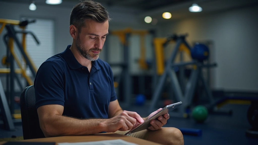 Athletic performance data analysis on tablet showing training metrics and progress charts