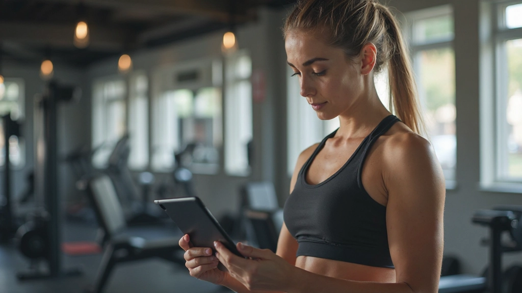 Professional athlete reviewing performance data on tablet in modern gym setting