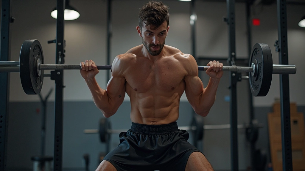 Professional athlete performing weighted barbell squat exercise with proper form in modern gym facility