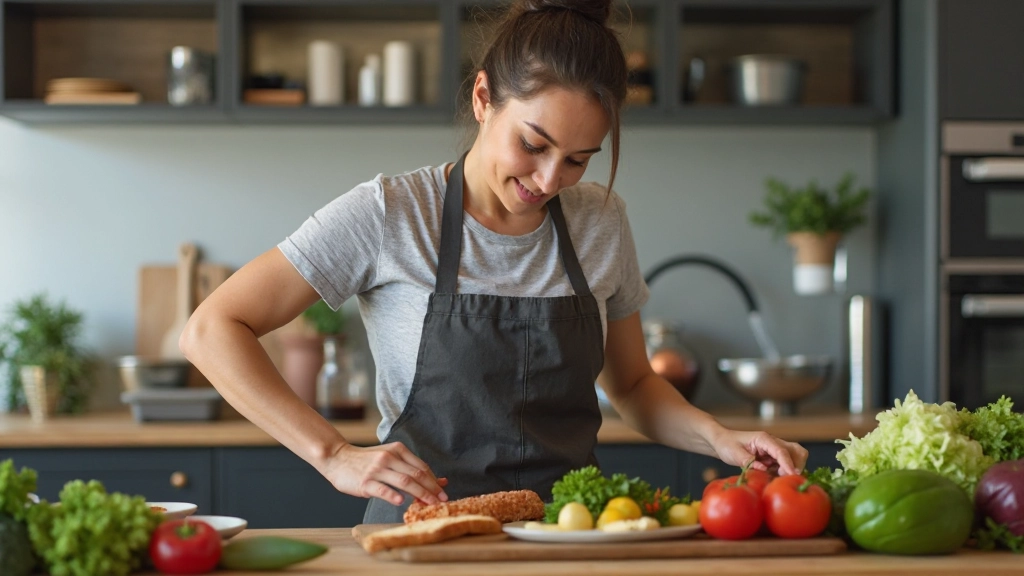 Healthy meal preparation with fresh vegetables and protein sources arranged on wooden surface