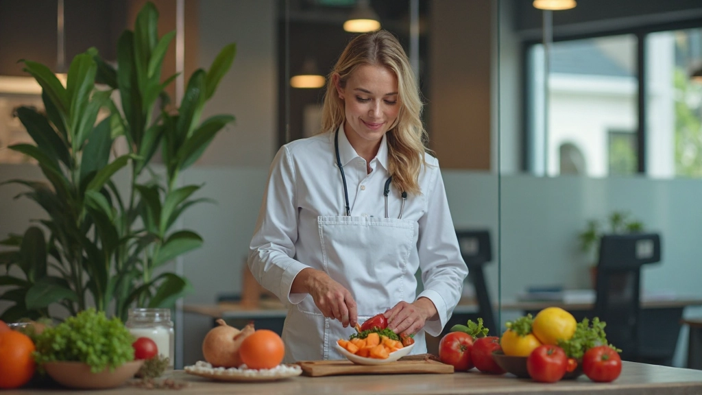 Professional nutrition consultation with healthy food and supplements display